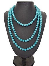 Extra Long Turquoise Blue Faceted AB Glass Bead Necklace Hand Knotted 58"