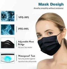 5/10/50/100 Disposable Face Mask Medical Surgical Dental 3 Ply Ear Loop Black