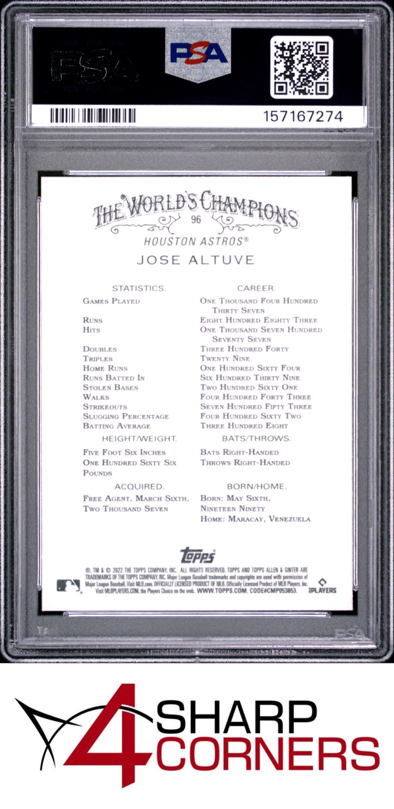 2022 TOPPS ALLEN & GINTER #96 JOSE ALTUVE POP 2 PSA 10 view 2