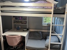 White Wooden Single Bunk Bed Frame with Built-In Ladder & Slatted Base