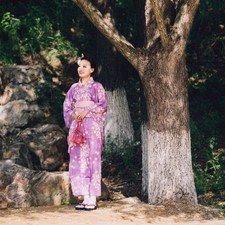 Women's Yukata Kimono Set - Washable Polyester, 7 Pieces with Geta Accessorie