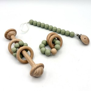 Sage Color Silicone And Beech Wood Teether Rattle Pacifier Clip
