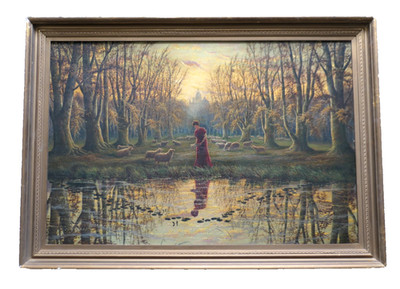 Großes 20. Jh. Öl auf Leinwand. Sonnenuntergangsszene mit Frau & Schafen in Waldkulisse