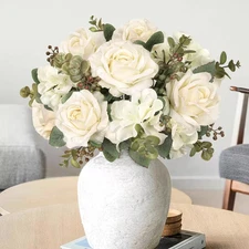 19 In. Cream Ivory Artificial Elegant Rose Hydrangea Flower Stem Bush Bouquet (S
