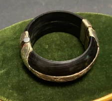 Boho Wood Bangle Bracelet Griffin Embossed Silver Tone Mounts Pull Pin