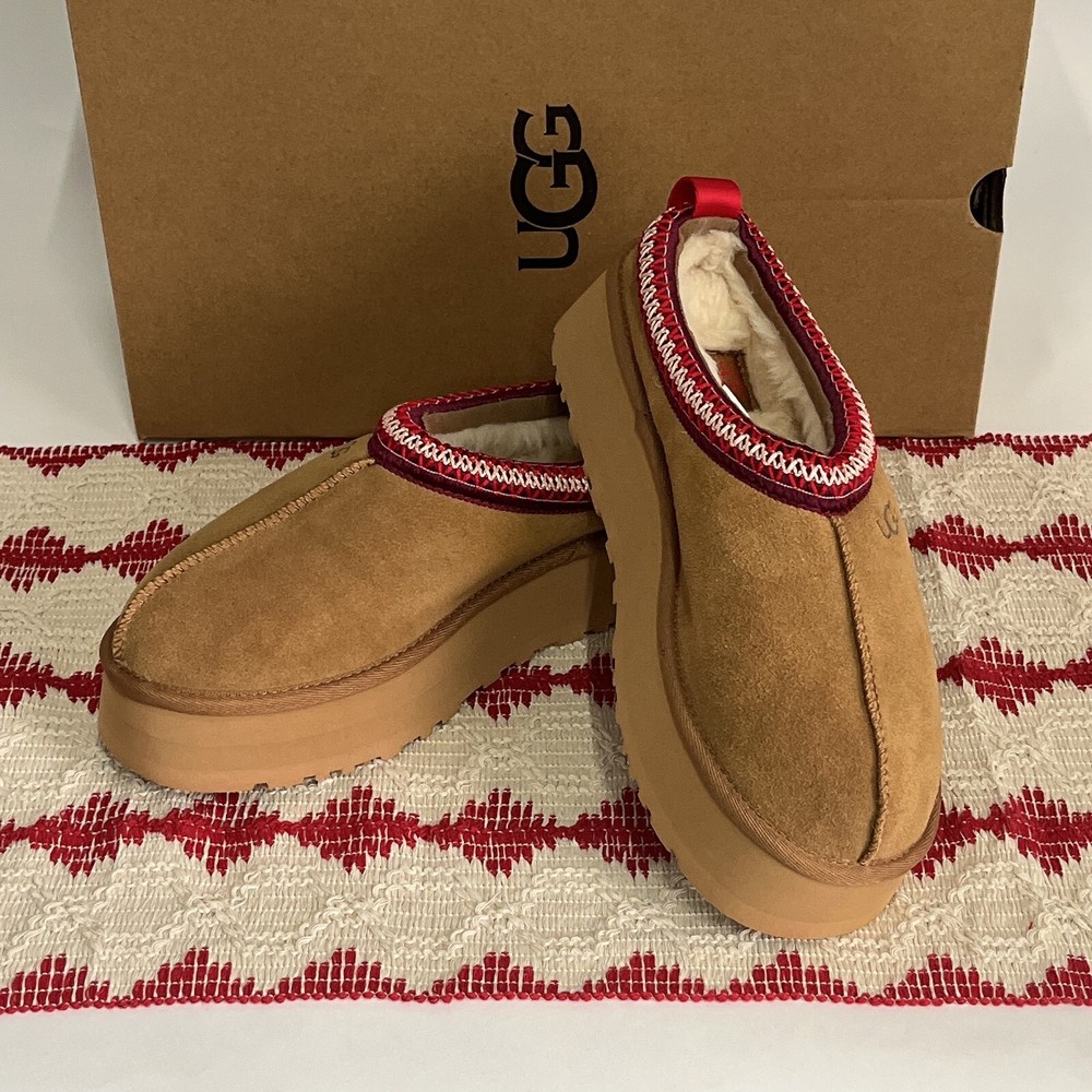 UGG Tazz Chestnut Suede Leather Braid Wool Platform Women's Slippers Shoes*6-11