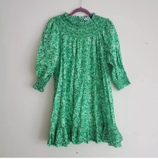 Rixo London Azalea Green Meadow Ditsy Poplin Smocked Mini Dress Size S