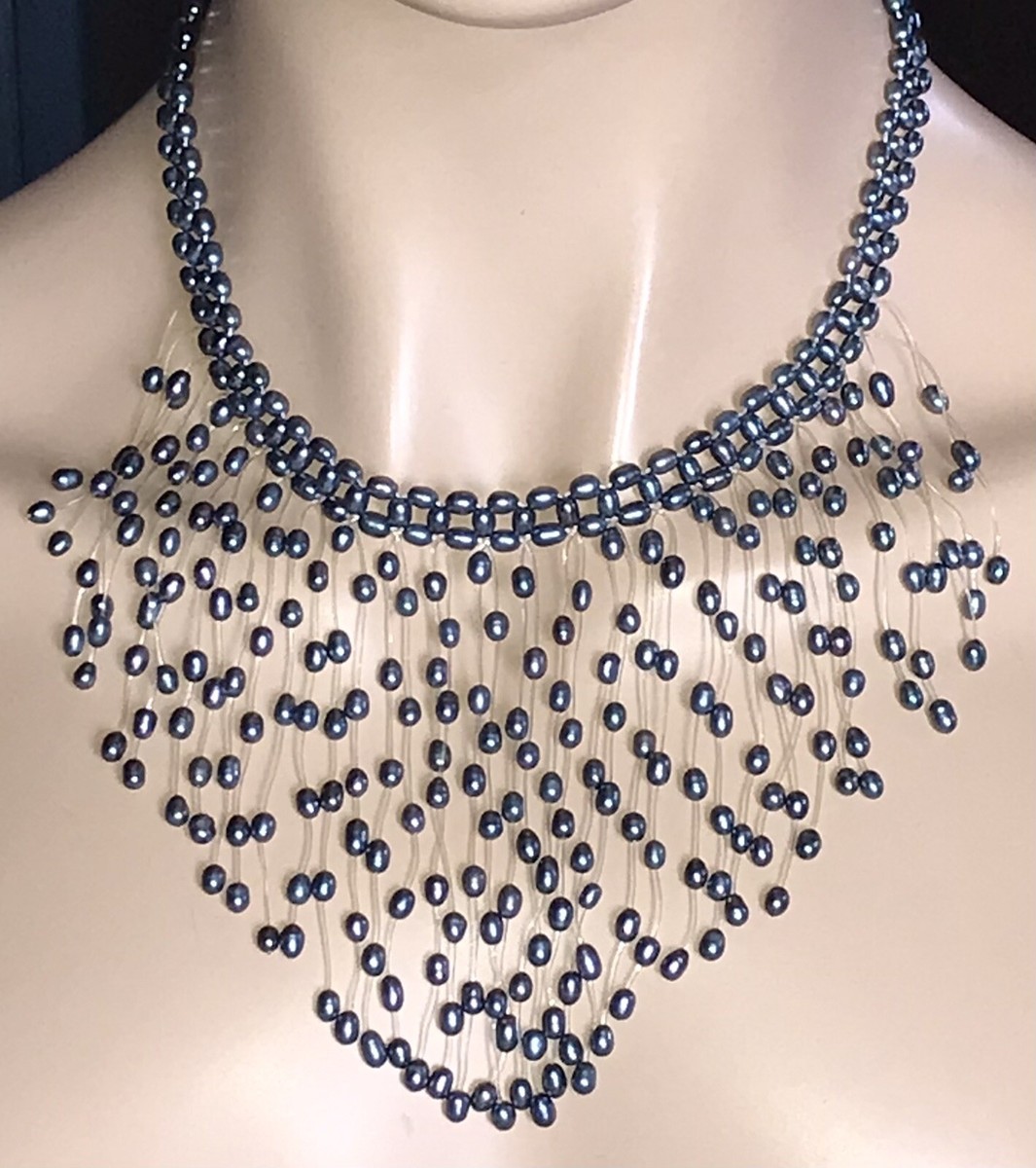 TAHITIAN GREY PEARL Fringe Bead ILLUSION Floating Necklace