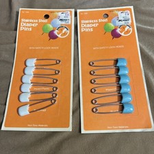 New Vintage 1985 Stainless Steel Diaper Pins With Safety Lock Head 2 Pack