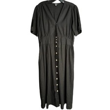 Buffalo David Bitton Linen Blend Button Front Short Sleeved Dress Medium Black