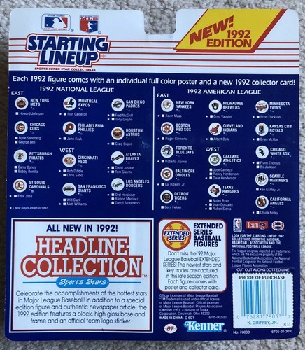 1992 STARTING LINEUP KEN GRIFFEY Jr MLB Action Figure Kenner 1992 New On Card - Picture 7 of 12