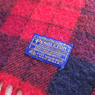 Pendleton 100% Wool Vintage Red Navy Blue Plaid 50 x 60 In Fringed