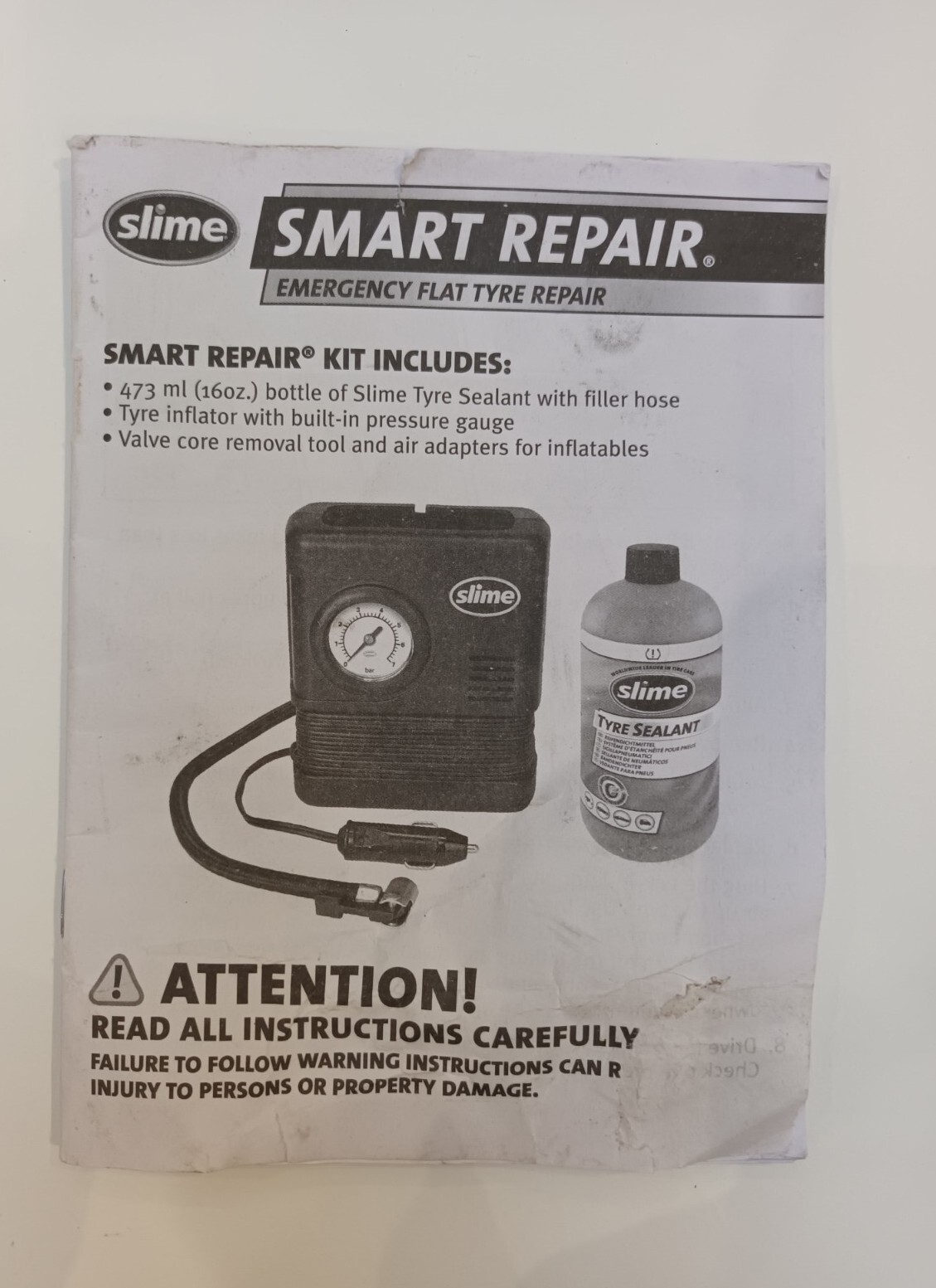 SLIME SMART REPAIR KIT Flat Tire Puncture Repair Sealant & Air
