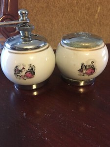 Antique Bone China Sterling Salt and Pepper Grinders Hand painted English Scenes