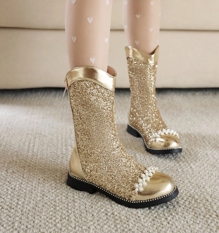 Women Chelsea Ankle Boots Fashion Bling Sequins Round Toe Princess