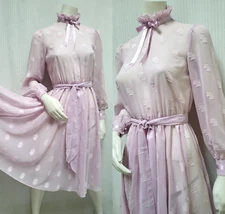 Vintage JERI New York Lilac Sheer Geo Chiffon Ruffle Neck Dress - Size S - EUC