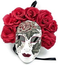 Day of the Dead Mask Dia de los Muertos Red Roses and Green Leaves Papier Mache