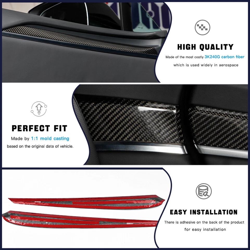 6pcs Dry Carbon Fiber Inner Door Panel Trim Cover Fit For Tesla Model S 2021+ - Image 3 of 4