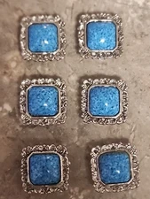 Vntg. Silver Tone Edge Blue Faceted  Square Ornate Set Of 8 Button Covers 