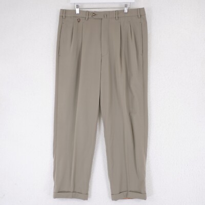 Faconnable Super 100s Wool Light Green Dress Pants 37/29 High Rise Pleated Cuff