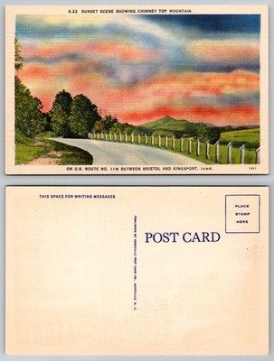Chimney Top Mountain TN Sunset US Route 11W Bristol Kingsport Linen Postcard
