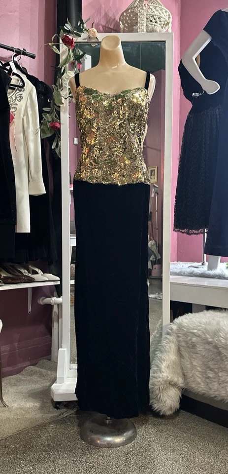 Vintage 80s 90s Black Velvet Gold Sequined Maxi Formal Evening Dress NYE 1X - Image 2 of 4