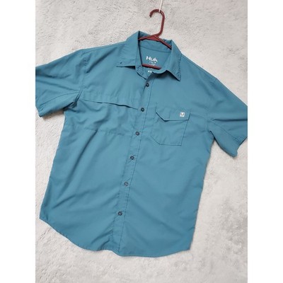 Huk Shirt Mens Medium Tide Point Short Sleeve Fishing Performance Teal Blue M