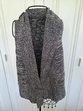 Cache cozy XS Black White Open Shawl Collar Sleeveless Cardigan Sweater EUC