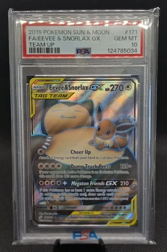 2019 POKEMON SUN & MOON TEAM UP #171 FULL ART/EEVEE & SNORLAX GX PSA 10