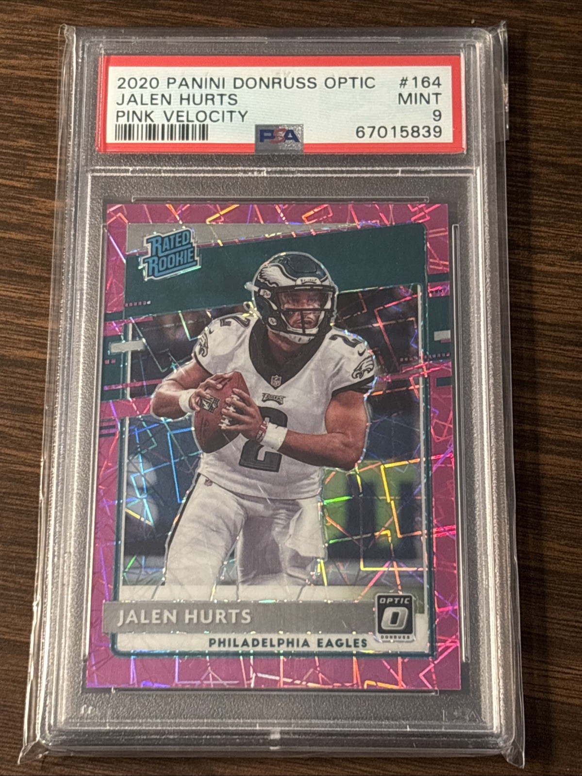 2020 Donruss Optic JALEN HURTS RC Rated Rookie Pink Velocity PRIZM /79 PSA 9