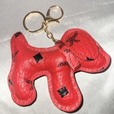 Puppy Dog Bag Charm Keychain Red W/Blk Accents Pu Pebbled Leather Goldtone HW