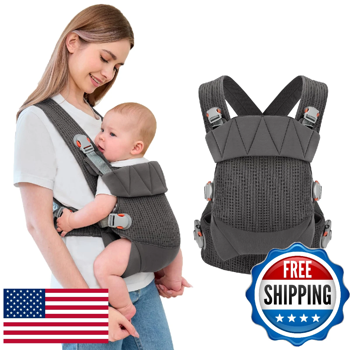 Huifen Breathable Mesh Baby Carrier Ergonomic Baby Wrap with Head Support Adjust