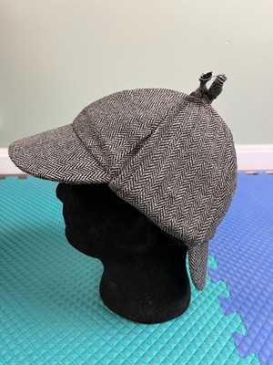 Sherlock Holmes Deerstalker Hat Grey Herringbone Wool Look Costume Hat Elope