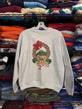Vintage Tultex Sweatshirt Mens Large Gray Teddy Bear Wreath Christmas USA 80s