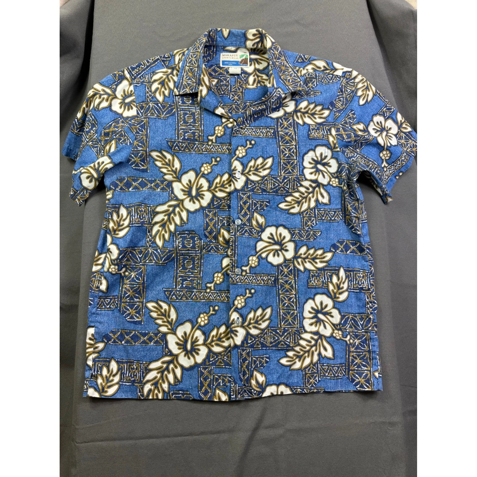 Makapuu Sportswear Men Blue Hawaiian Hibiscus Print Button Shirt Made Hawaii M