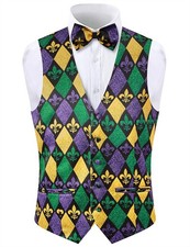 Mens Mardi Gras Vest Purple Green Gold Plaid Costume Waistcoat and Bow Tie, G...
