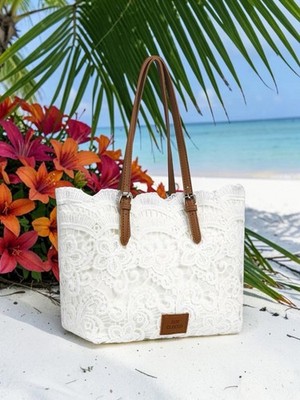 Handbag White Colored Lace Tote Bag with Brown Straps Elegant Floral Pattern