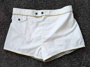 Vtg 1960s 70s Mens Swim Shorts White Zip Fly Sz Med 32/34 Grey Yellow Piping