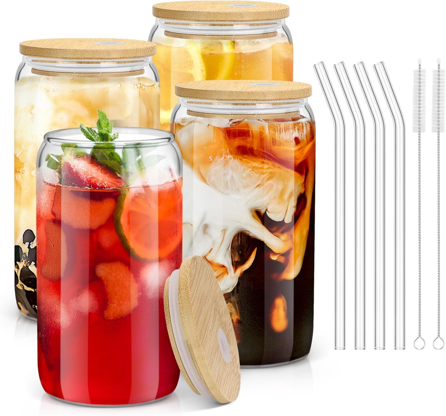 Sungwoo 16oz Glass Cups Set with Bamboo Lids & Straws for Iced Coffee