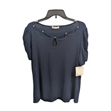 89th & Madison Women’s Cutout Top XL NWT Navy Pearl Detail Short Sleeve Blouse