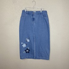 Christopher  Banks Y2K Long Denim Skirt Sz 12 Flower Appliqu s Light Wash Boho