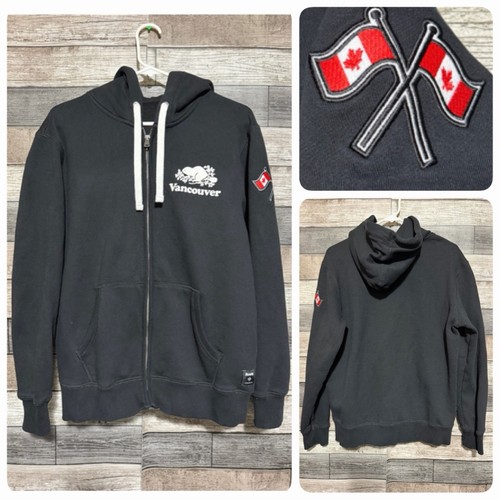 Roots Canada Vancouver Full Zip Hoodie Men’s M Black Embroidered Flag READ