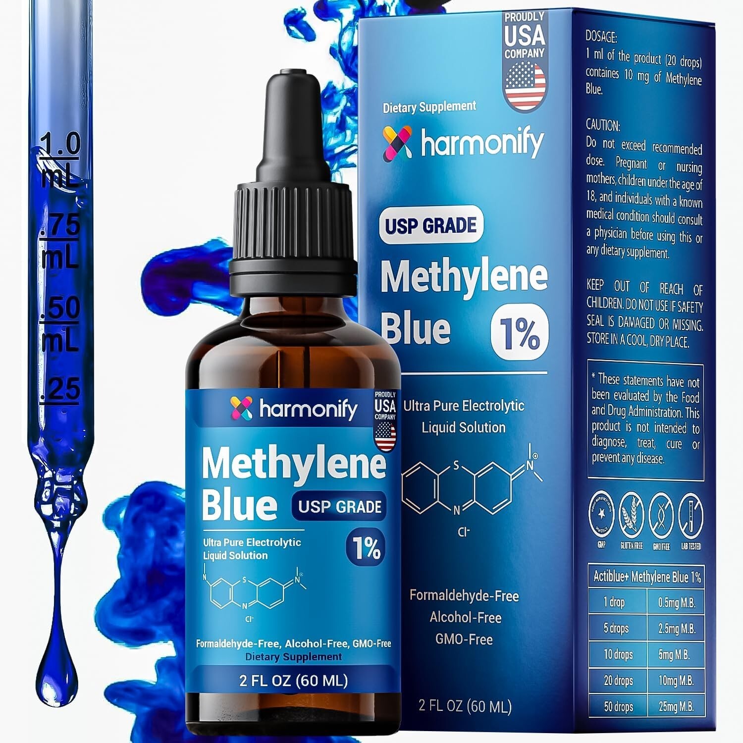 Methylene Blue 1% - 60mL USP Pharmaceutical Grade 99.99% - Ultra Pure, Free ship