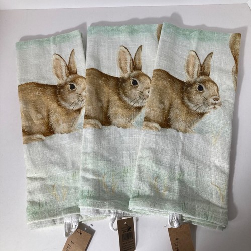 3 - Creative Co-op Bunny Tea Towels Cotton White Brown 28"L x 18"W NWT