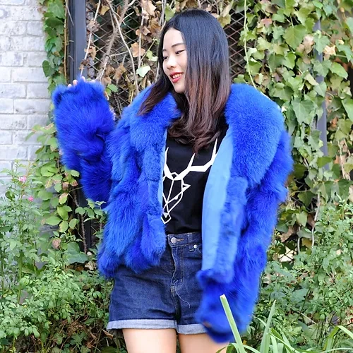Finn Fox Fur Lady Coat In Royal Blue - Picture 1 of 6