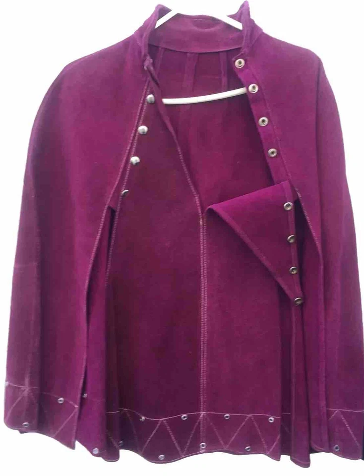 Poncho CHAQUETA CAPA de cuero gamuza años 70 de colección púrpura broches a presión pliegues abiertos talla única Foto 2 de 3