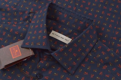 Etro NWT Sport Shirt Size 39 M Blue With Red Brown Orange Yellow Logos Cotton