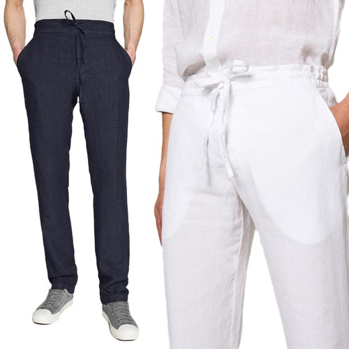Pantalone Uomo Di Lino Elegante Jeans Casual Nero Bianco Blu Verde Veque |  eBay