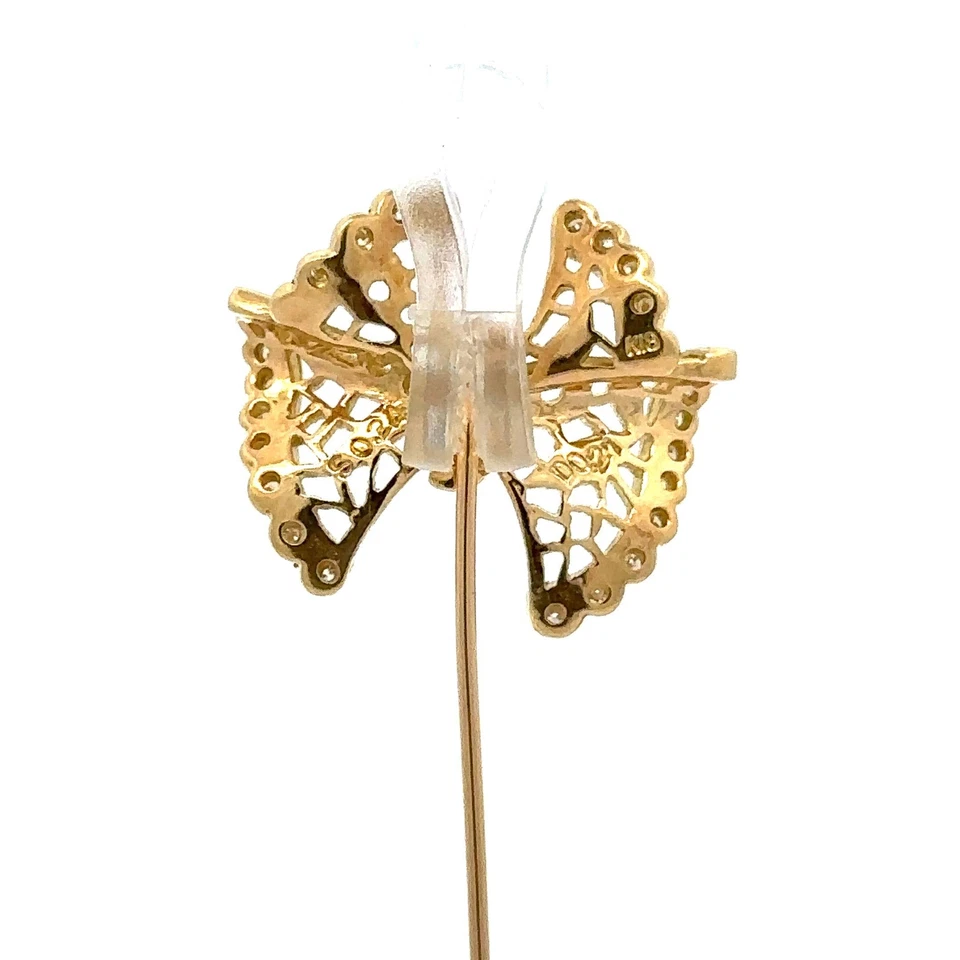 18k Yellow Gold Sapphire Diamond Open Work Lace Ribbon Bow Stick Pin - Image 2 of 4