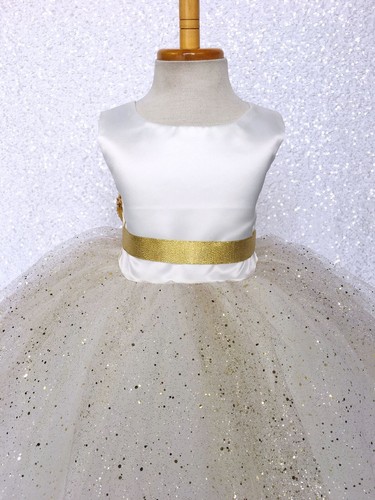 Princess Ivory Off White 4 Layer Gold Glitter Tulle Flower Girl Pageant Wedding - Picture 6 of 10